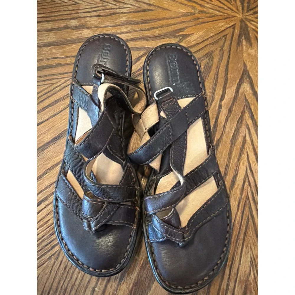 Born Womens Dark Brown Leather Handcrafted Strappy Toe Loop Wedge Sandals 8 39